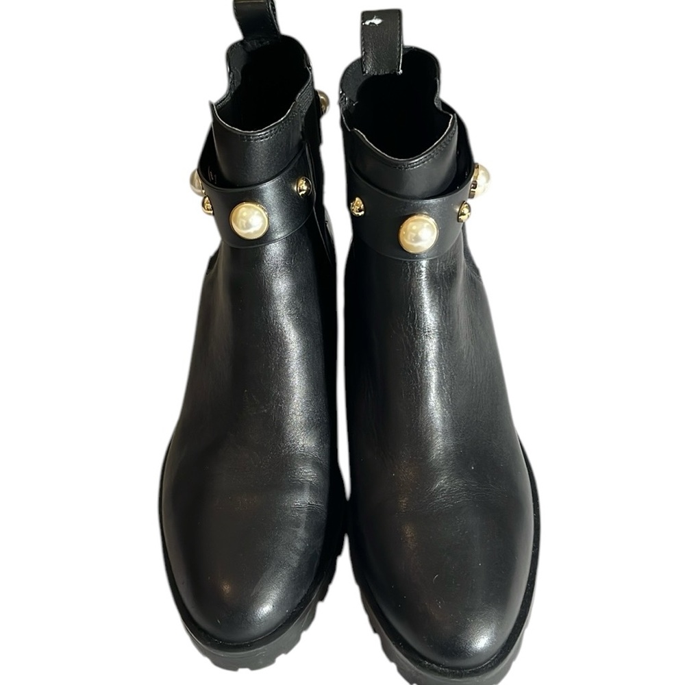 Karl Lagerfeld size 10 black leather boots pearl and gold details & lug sole